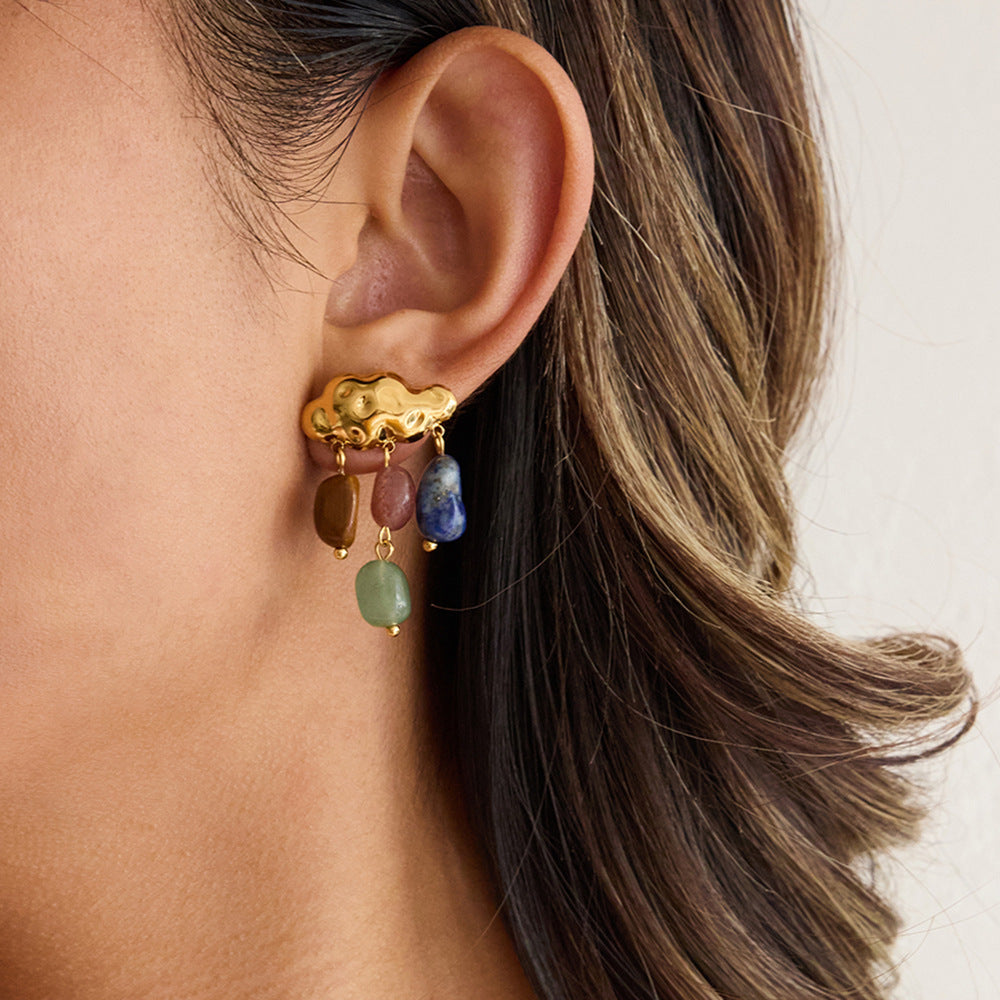 Colorful Natural Stone Cloud Tassel Earrings – Stainless Steel Luxury Jewelry for Women