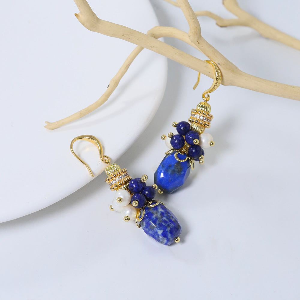 Lapis Lazuli & Freshwater Pearl Earrings – Vintage French Style Gemstone Jewelry for Women