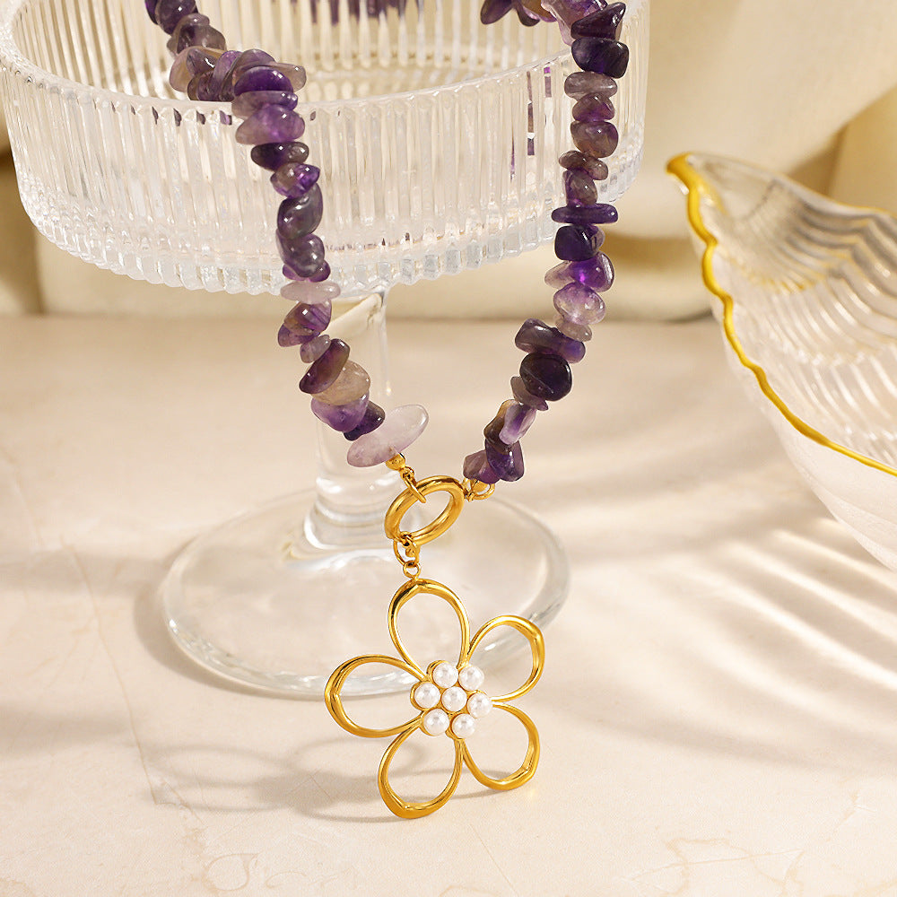 Vintage Beaded Flower Necklace – Natural Stone 18K Gold Plated Stainless Steel Boho Jewelry for Women