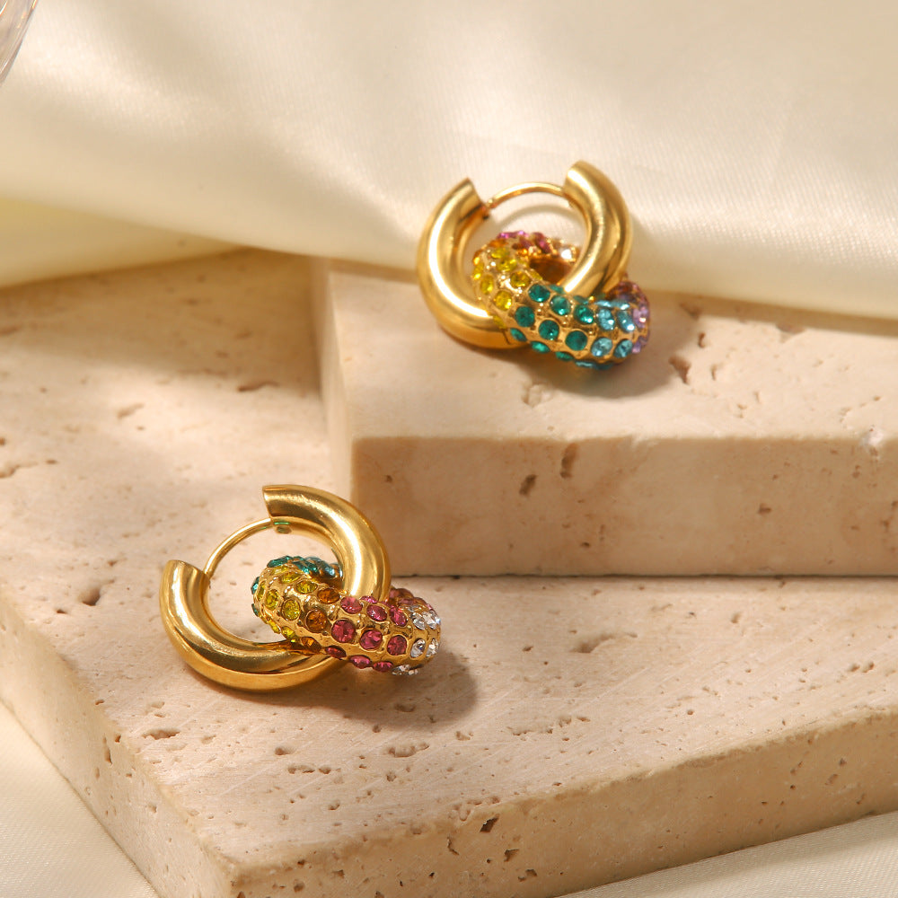 18K Gold Plated Rainbow Crystal Donut Earrings – Trendy Round Statement Jewelry for Women