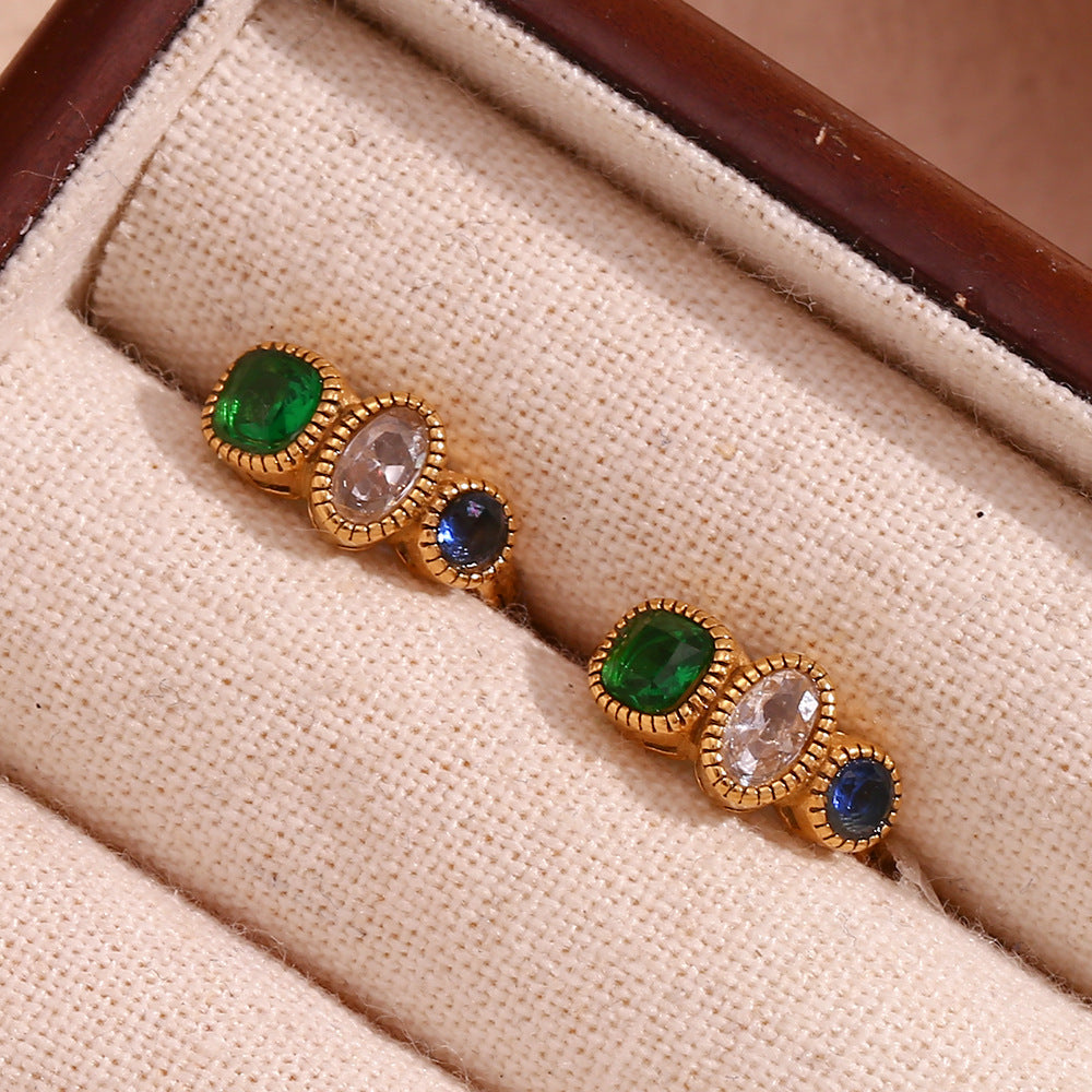 Vintage Gemstone Hoop Earrings – Sapphire & Colorful CZ 18K Gold Plated Stainless Steel Statement Jewelry for Women