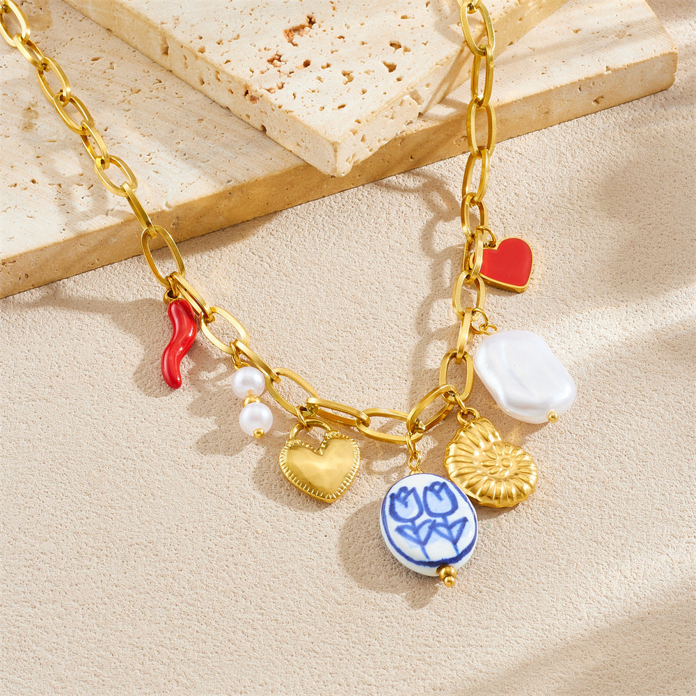 Gold Plated Multi-Charm Necklace – Heart, Shell & Chili Pendant Colorful Statement Jewelry for Women