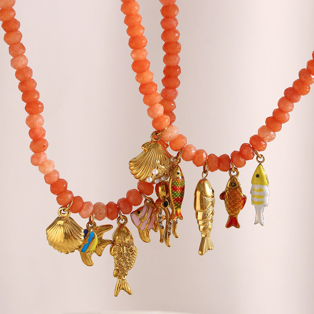Handmade Beaded Necklace with Red Agate Ocean Creature Pendant – 18K Gold Plated Stainless Steel Boutique Jewelry for Women
