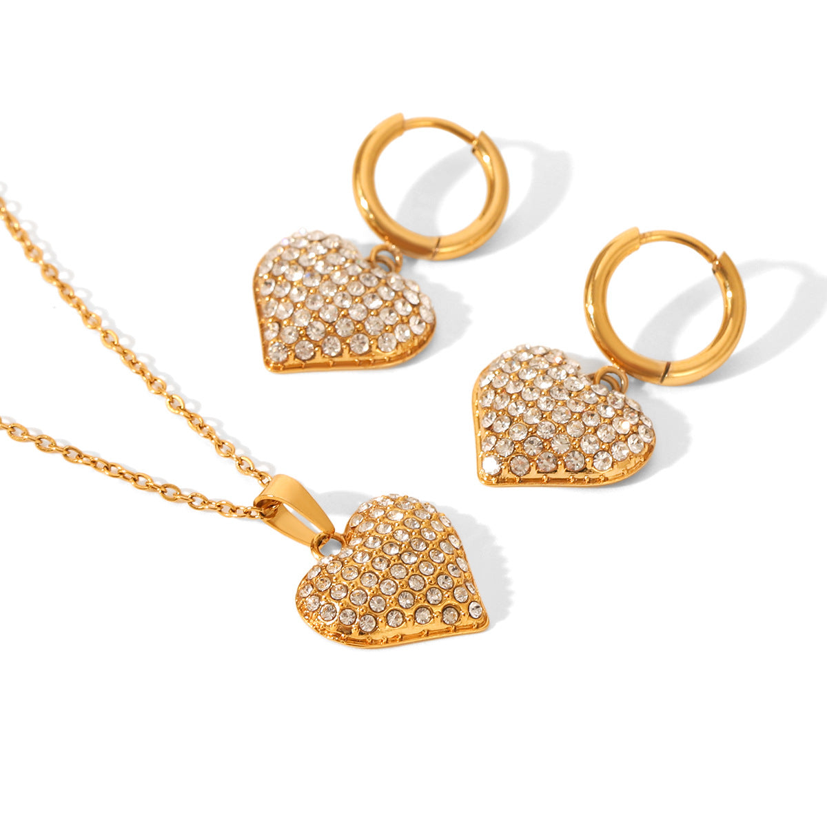 CZ Heart Earrings & Pendant Necklace Set – 18K Gold Plated Stainless Steel Romantic Jewelry for Women