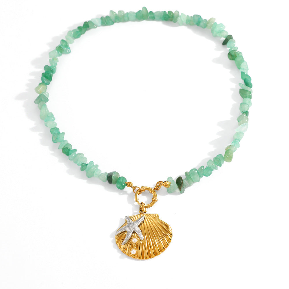 Ocean Natural Stone Beaded Necklace – 18K Gold Plated Stainless Steel Beach Style Jewelry for Women