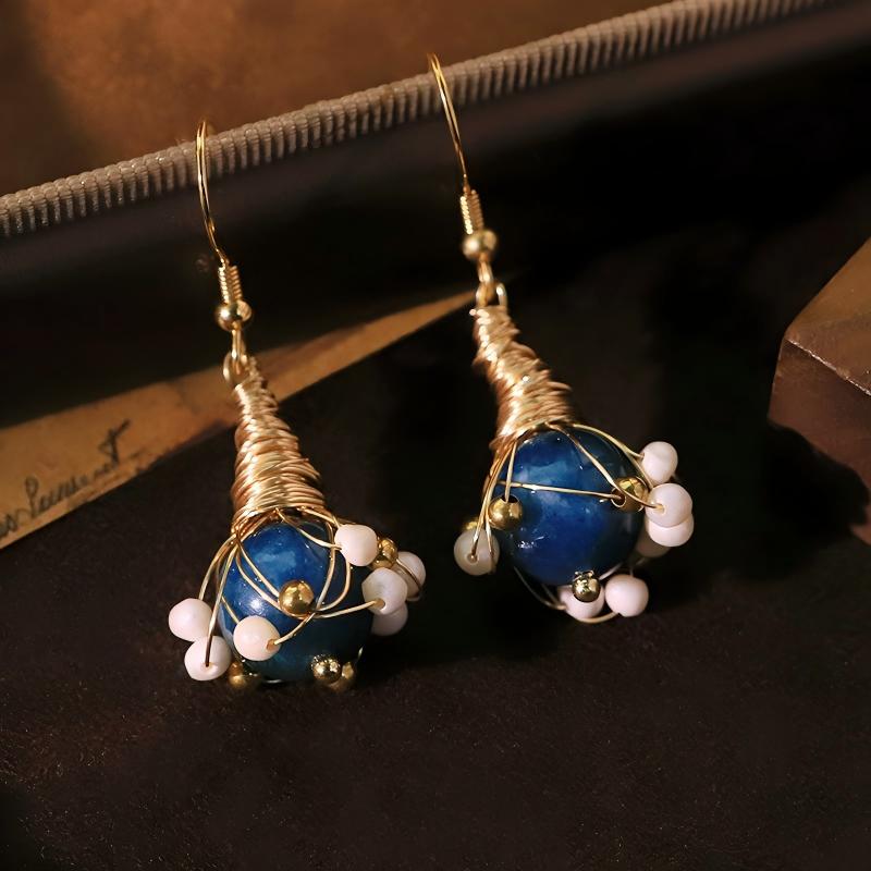 Freshwater Pearl & Blue Crystal Wire-Wrapped Stud Earrings – Vintage Luxe Statement Jewelry for Women