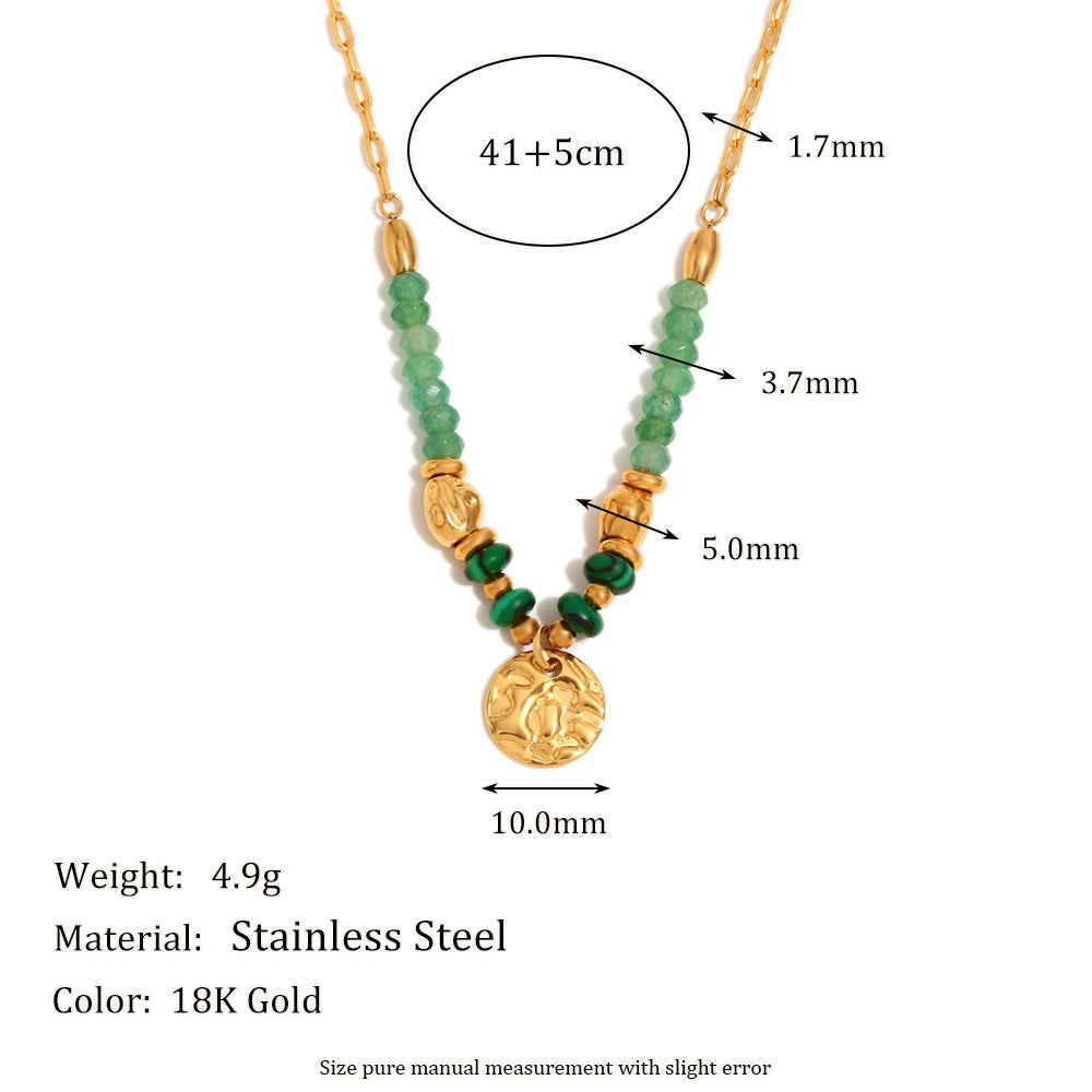 Geometric Hammered Circle Pendant Necklace – 18K Gold Plated Stainless Steel Green Gemstone Statement Jewelry for Women
