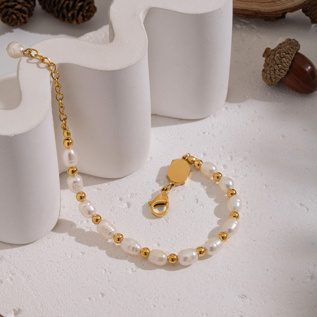 Freshwater Pearl Stainless Steel Bracelet – Gold Plated Titanium Steel Minimalist Jewelry for Women