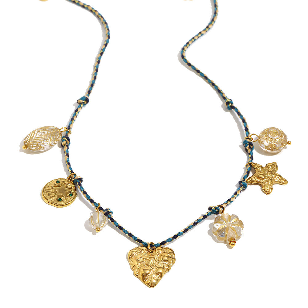 Vintage Heart & Star Beaded Necklace – 18K Gold Plated Stainless Steel Adjustable Cord Boutique Jewelry for Women