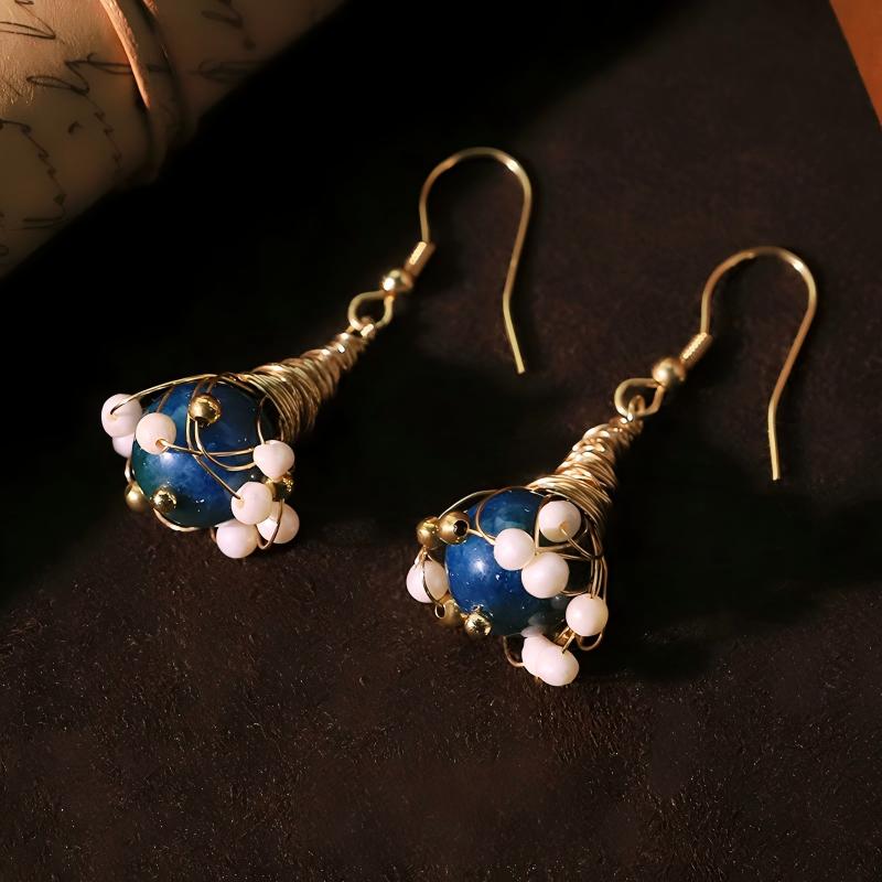Freshwater Pearl & Blue Crystal Wire-Wrapped Stud Earrings – Vintage Luxe Statement Jewelry for Women