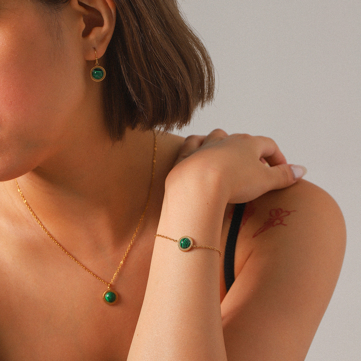 French Vintage Malachite Jewelry Set – 18K Gold Plated Stainless Steel Necklace, Bracelet & Earrings for Women