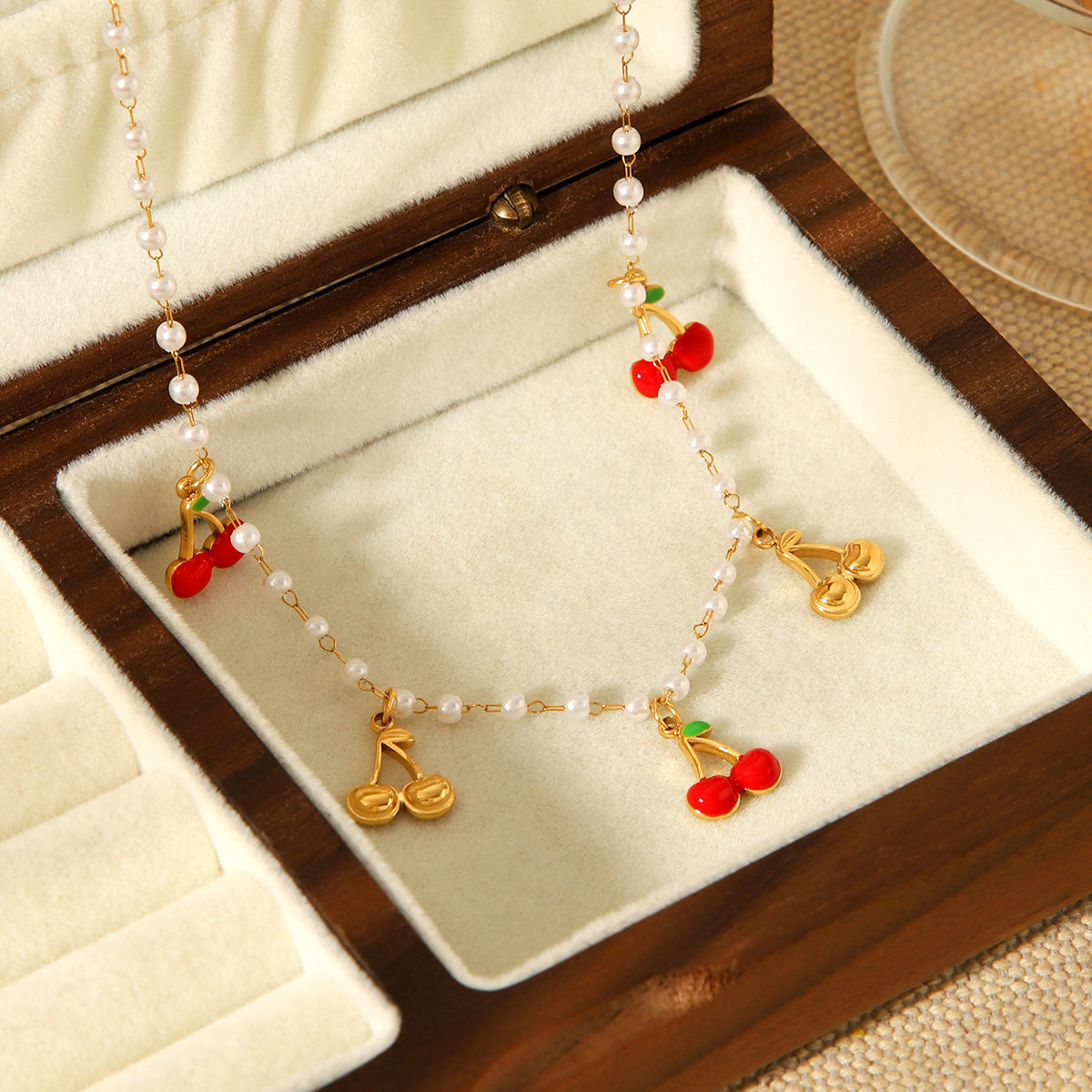 French-Style Cherry Pendant Necklace with Tassel – 18K Gold Plated Stainless Steel Pearl Chain Layering Jewelry for Women