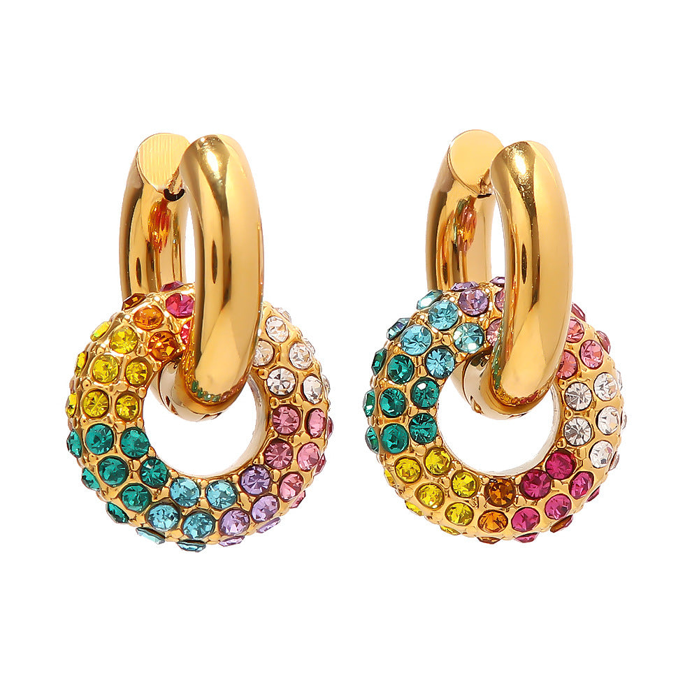 18K Gold Plated Rainbow Crystal Donut Earrings – Trendy Round Statement Jewelry for Women