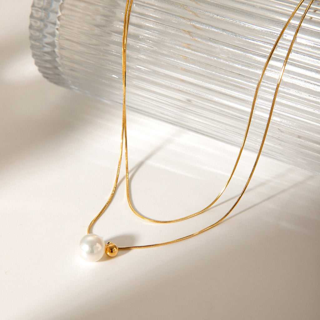 Double-Layer Pearl Pendant Necklace – 18K Gold Plated Stainless Steel Minimalist Layering Jewelry for Women