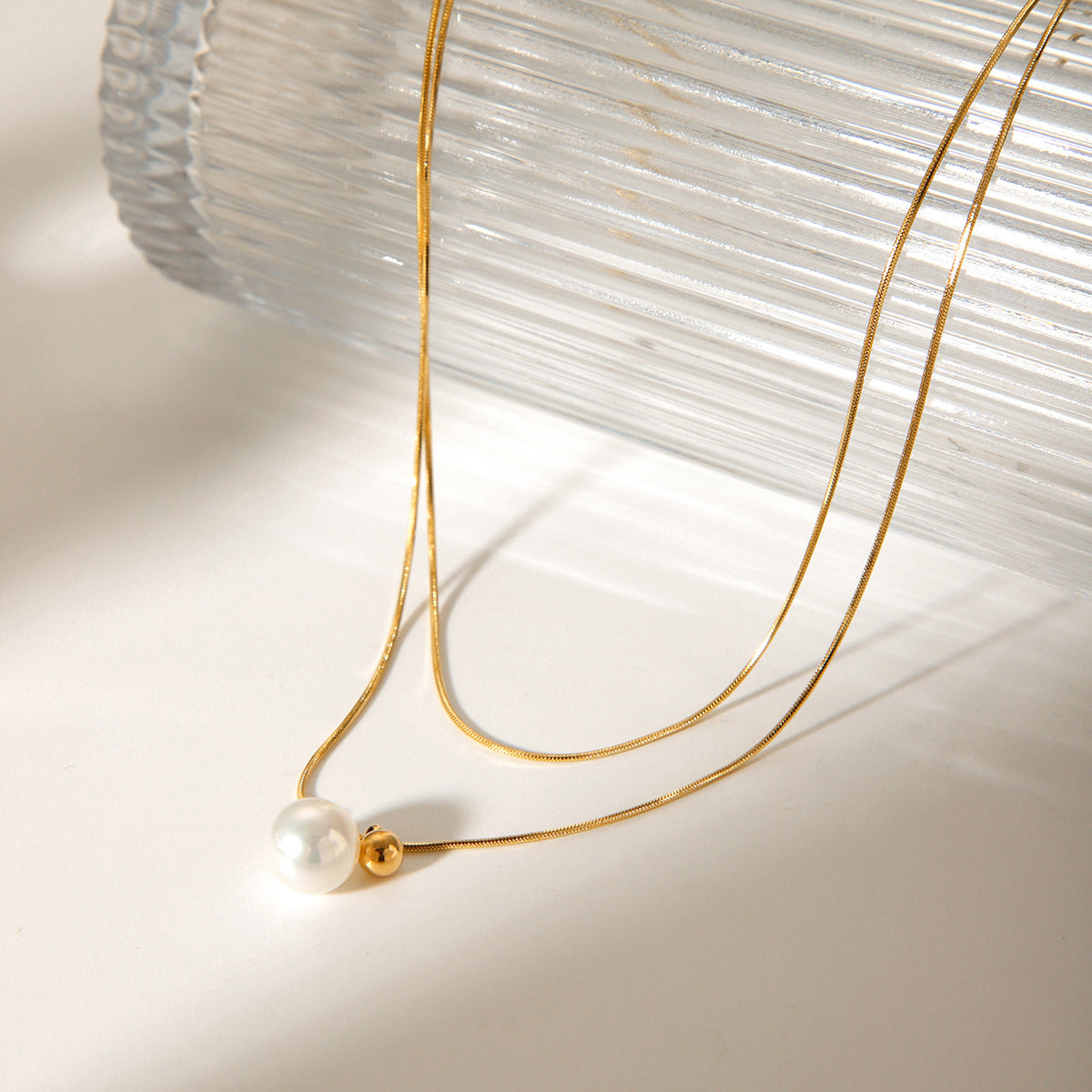 Double-Layer Pearl Pendant Necklace – 18K Gold Plated Stainless Steel Minimalist Layering Jewelry for Women