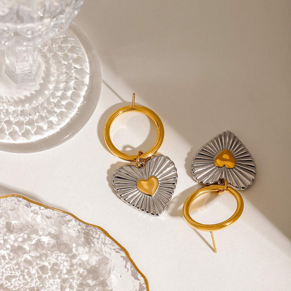 Two-Tone Ribbed Heart Earrings – 18K Gold Plated Stainless Steel Statement Earrings for Women