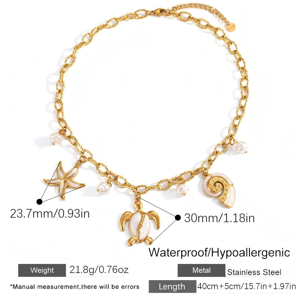 Ocean Starfish, Turtle & Shell Necklace – 18K Gold Plated Stainless Steel Beach Jewelry for Women