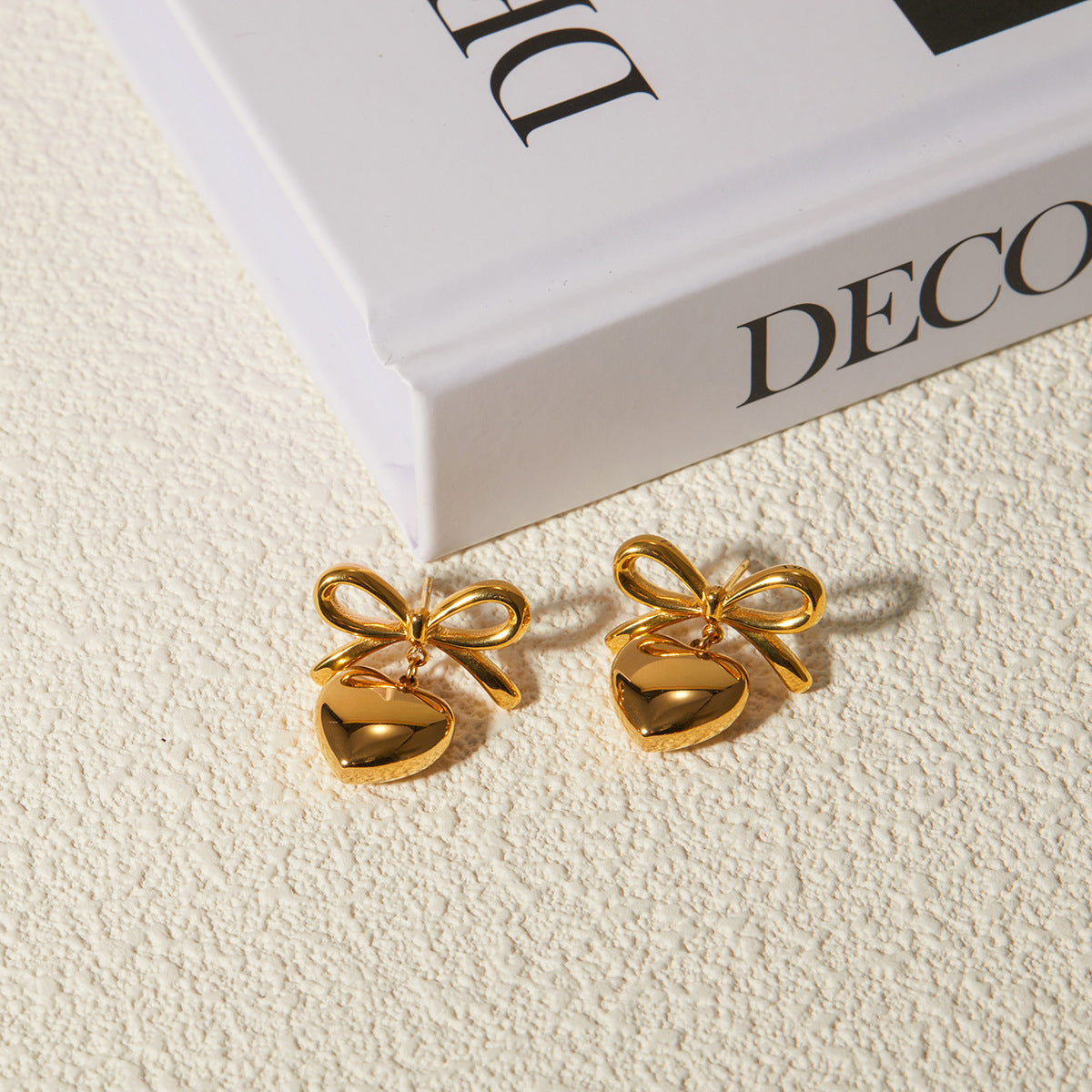 Bow & Heart Drop Earrings – 18K Gold Plated Stainless Steel Cute Statement Jewelry for Women