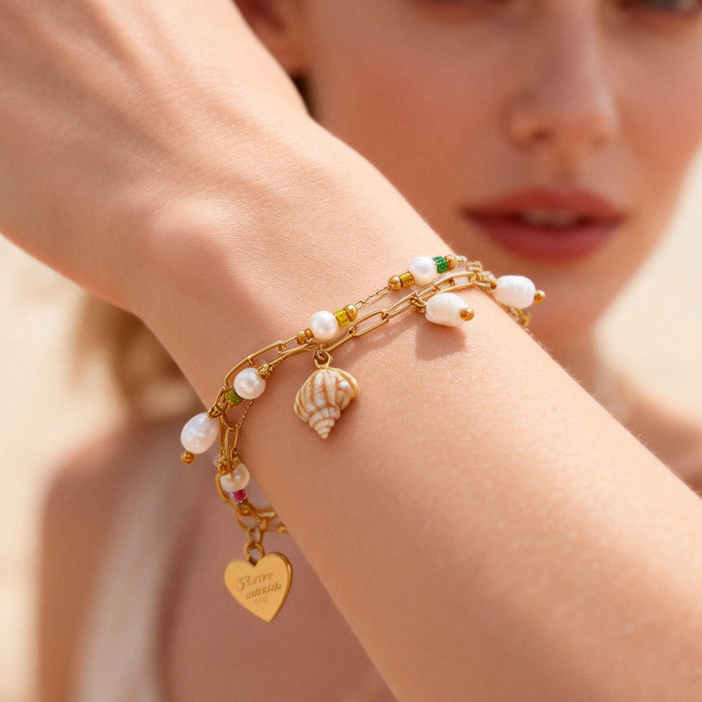 Heart Shell Layered Bracelet – 18K Gold Plated Stainless Steel Double Layer Minimalist Jewelry for Women