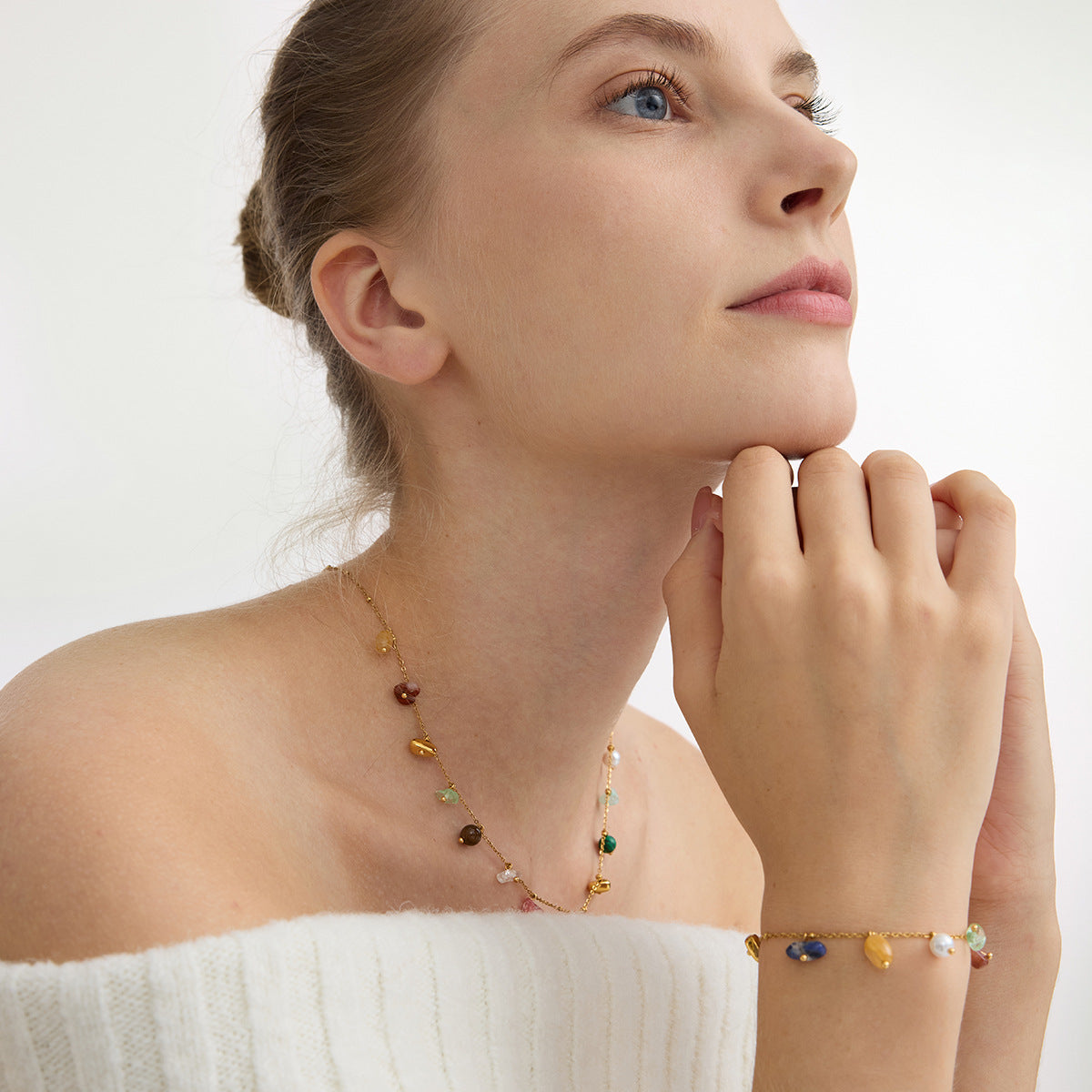 Vintage Natural Stone Necklace & Bracelet Set – Stainless Steel Chic Jewelry for Women
