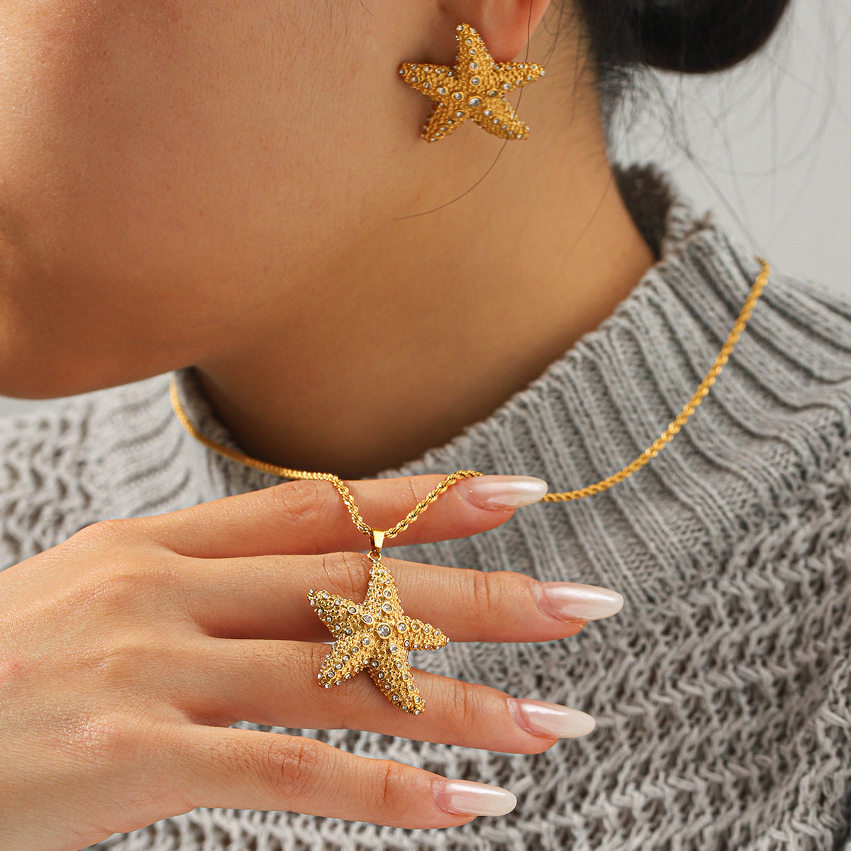 CZ Star Necklace & Stud Earrings Set – 18K Gold Plated Stainless Steel Minimalist Jewelry for Women