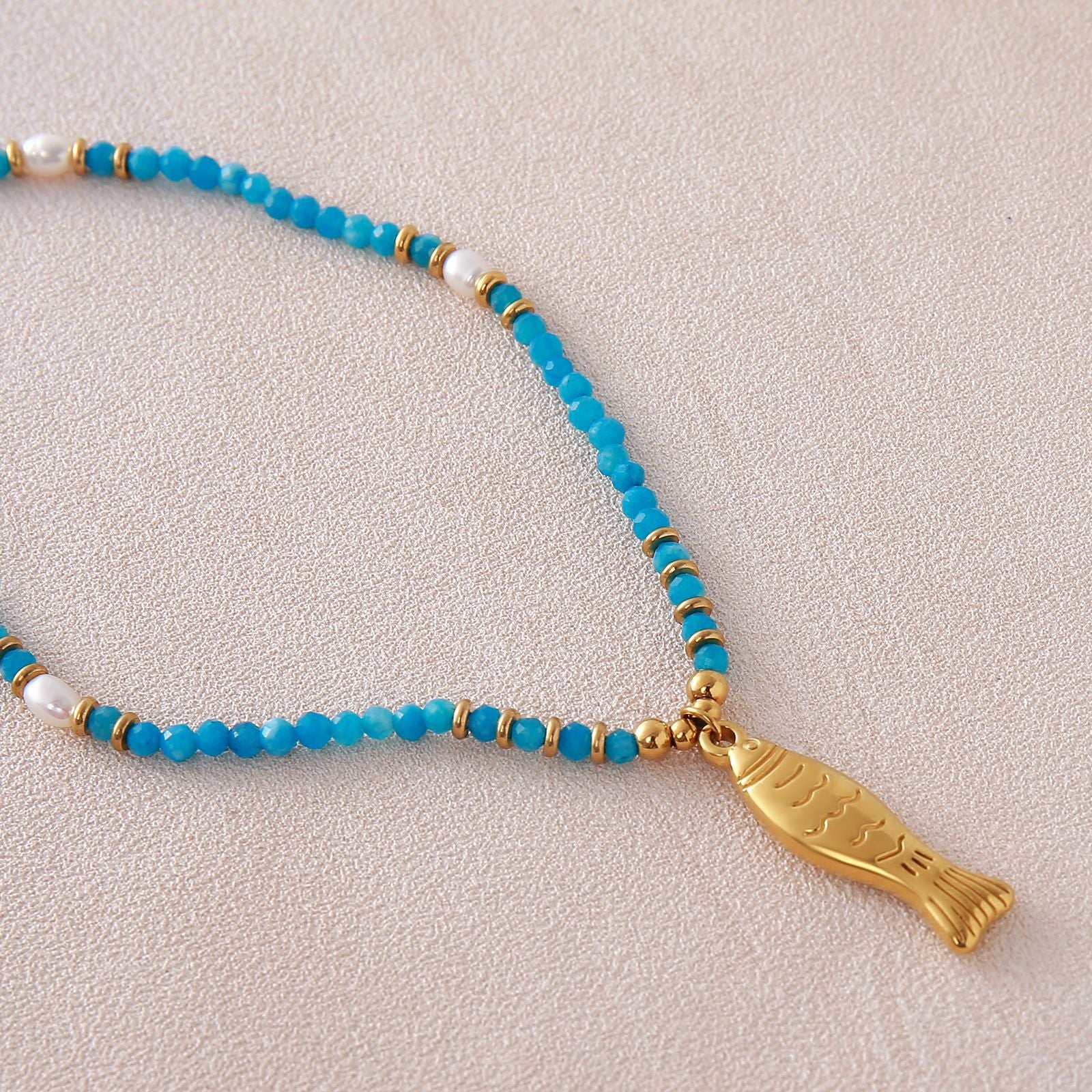 Ocean Fish Charm Necklace – Gold Plated Stainless Steel Natural Stone Beach Jewelry for Women