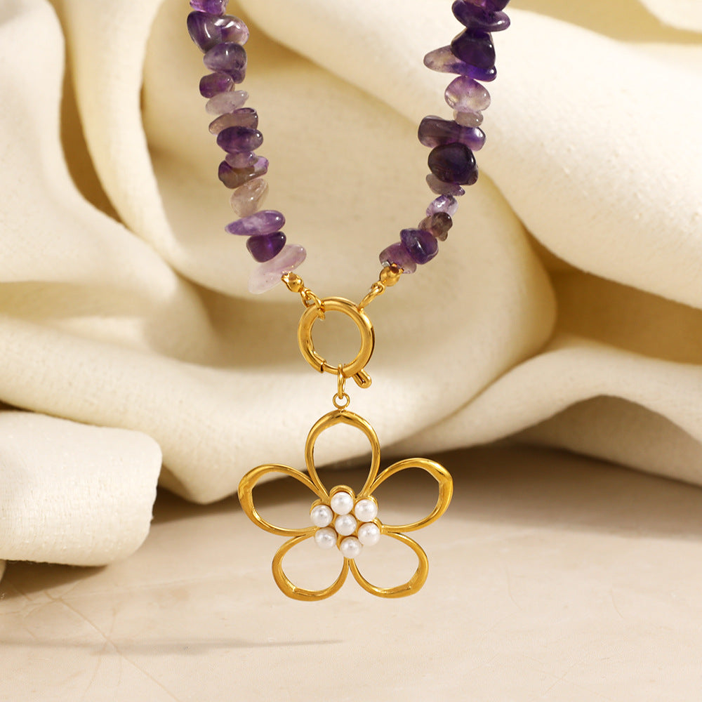 Vintage Beaded Flower Necklace – Natural Stone 18K Gold Plated Stainless Steel Boho Jewelry for Women
