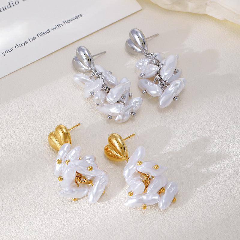 Baroque Pearl Tassel Earrings – Elegant French Style Stainless Steel Drop Earrings for Women