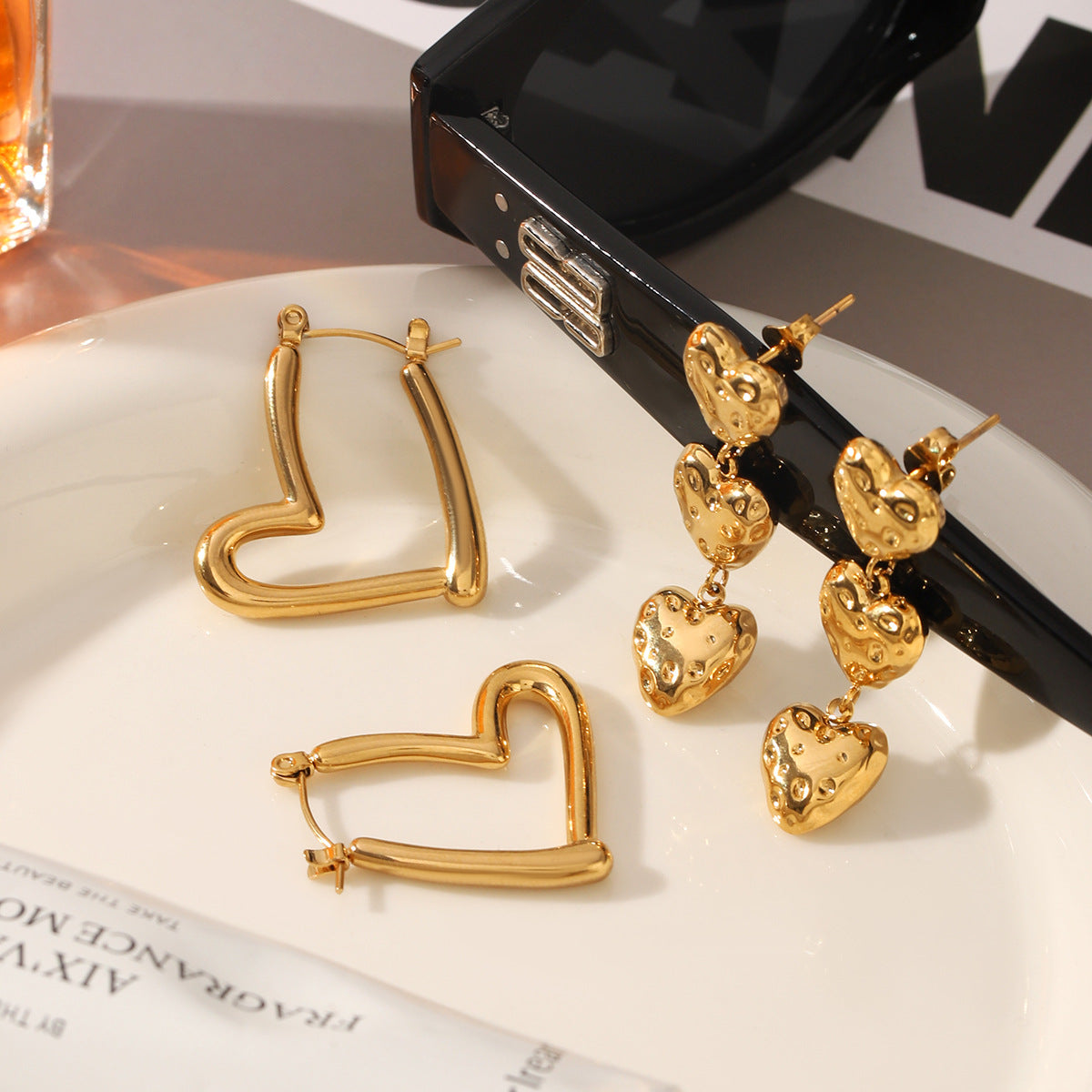 18K Gold Plated Hollow Heart Earrings – Minimalist Stainless Steel Elegant Jewelry for Women