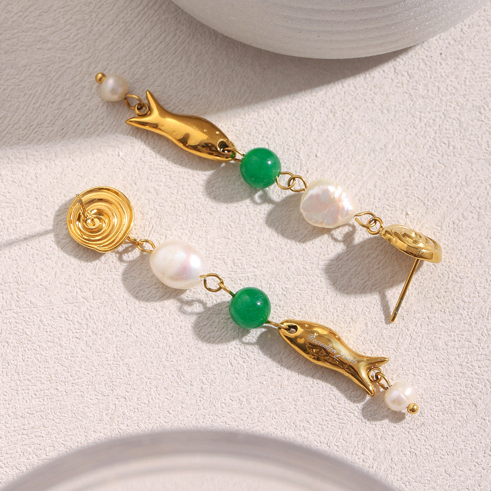 18K Gold Plated Pearl & Fish Tassel Earrings – Vintage Luxury Stainless Steel Drop Earrings for Women