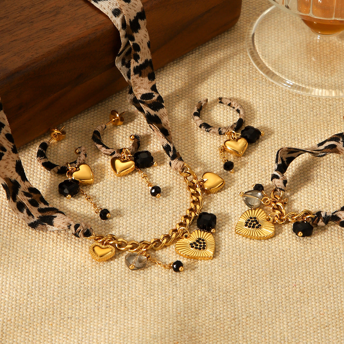 Heart Pendant & Leopard Print 4-Piece Jewelry Set – 18K Gold Plated Stainless Steel Necklace, Bracelet, Earrings & Ring for Women