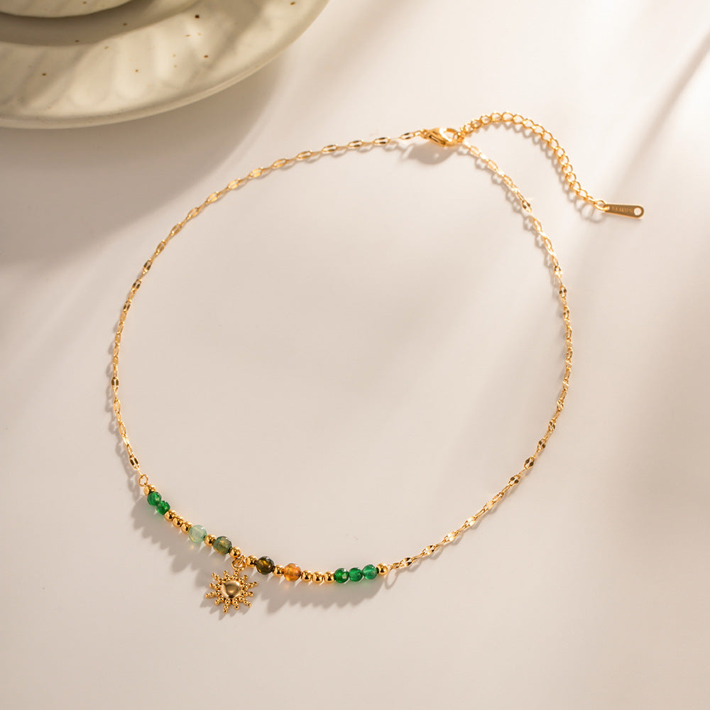 18K Gold Plated Sun Pendant Necklace – Natural Stone French Vintage Stainless Steel Jewelry for Women