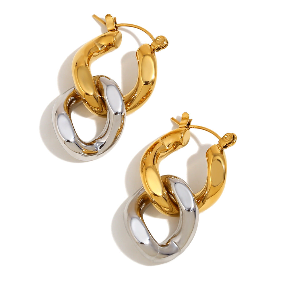 Two-Tone Chain Stud Earrings – 18K Gold Plated Stainless Steel Minimalist Jewelry for Women