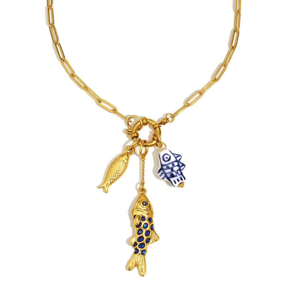Unique Fish Pendant Paperclip Necklace – 18K Gold Plated Stainless Steel Spring Clasp Statement Jewelry for Women