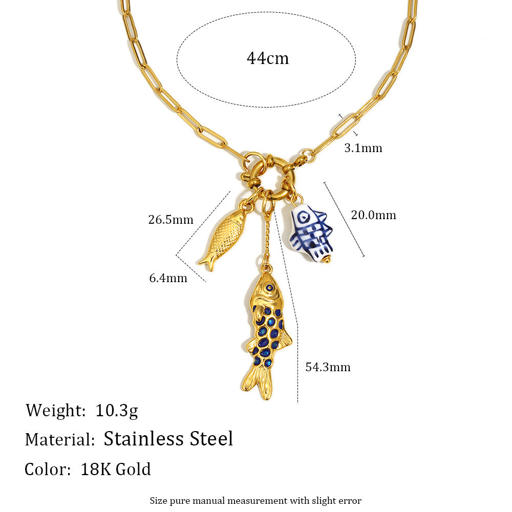 Unique Fish Pendant Paperclip Necklace – 18K Gold Plated Stainless Steel Spring Clasp Statement Jewelry for Women