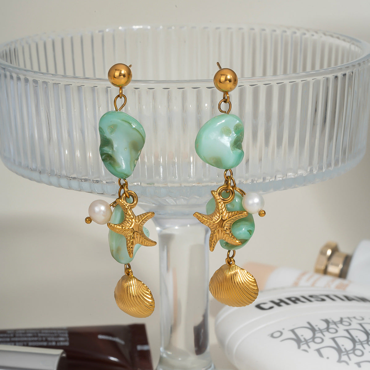 Beach-Inspired Starfish & Shell Earrings – Stainless Steel 18K Gold Plated Gemstone Drop Earrings for Women