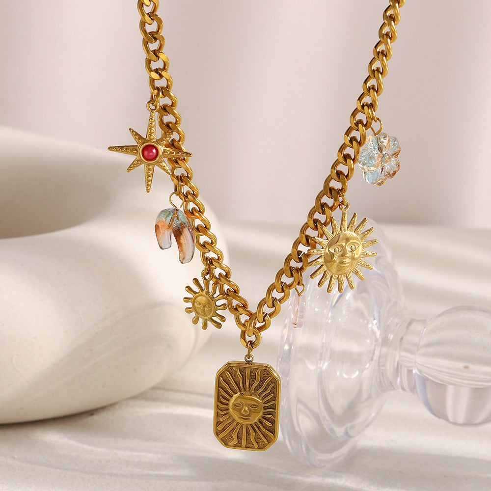 Celestial Sun, Moon & Star Pendant Necklace – 18K Gold Plated Stainless Steel Boutique Statement Jewelry for Women