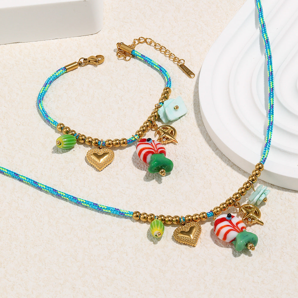 Dopamine Candy Pendant Necklace – 18K Gold Plated Stainless Steel Blue Woven Cord Fun Statement Jewelry for Women