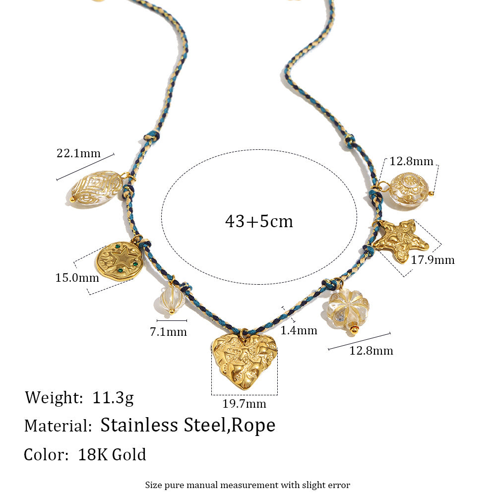 Vintage Heart & Star Beaded Necklace – 18K Gold Plated Stainless Steel Adjustable Cord Boutique Jewelry for Women
