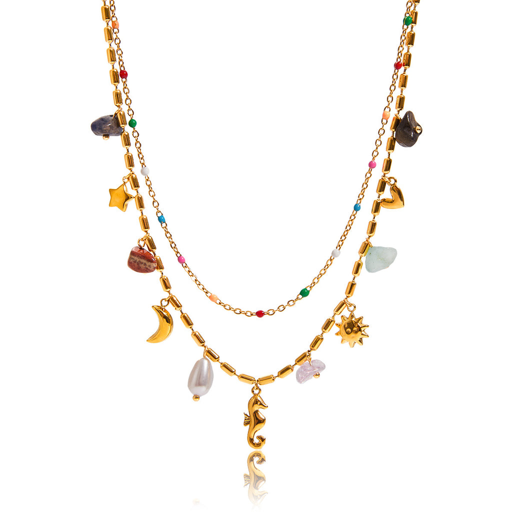 Boho Gemstone Layered Necklace with Hippo Pendant – Stainless Steel Double Layer Jewelry for Women