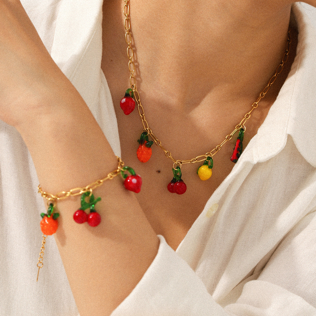 Fruit Charm Necklace & Bracelet Set – Cherry, Strawberry & Watermelon 18K Gold Plated Stainless Steel Cute Summer Jewelry