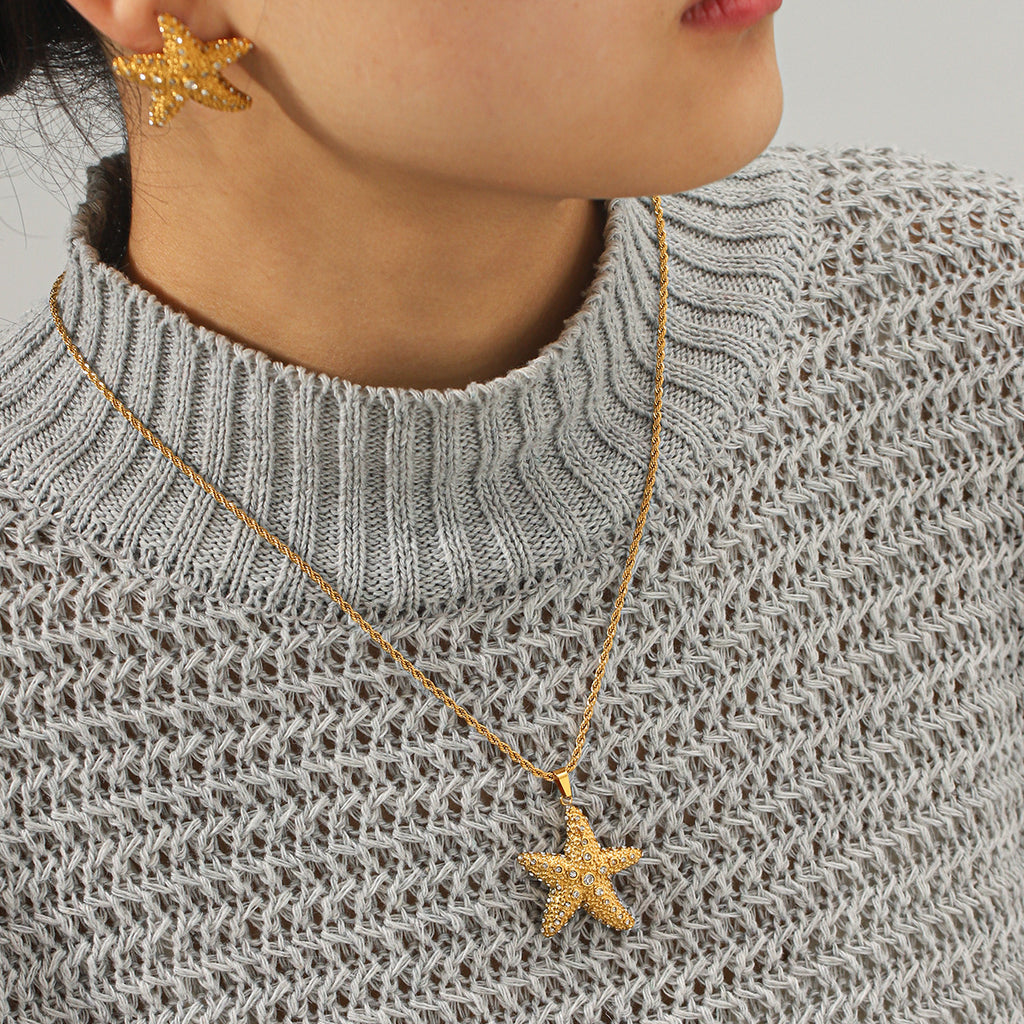 CZ Star Necklace & Stud Earrings Set – 18K Gold Plated Stainless Steel Minimalist Jewelry for Women