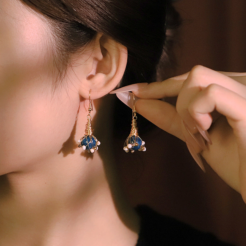 Freshwater Pearl & Blue Crystal Wire-Wrapped Stud Earrings – Vintage Luxe Statement Jewelry for Women