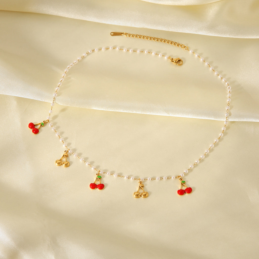 French-Style Cherry Pendant Necklace with Tassel – 18K Gold Plated Stainless Steel Pearl Chain Layering Jewelry for Women