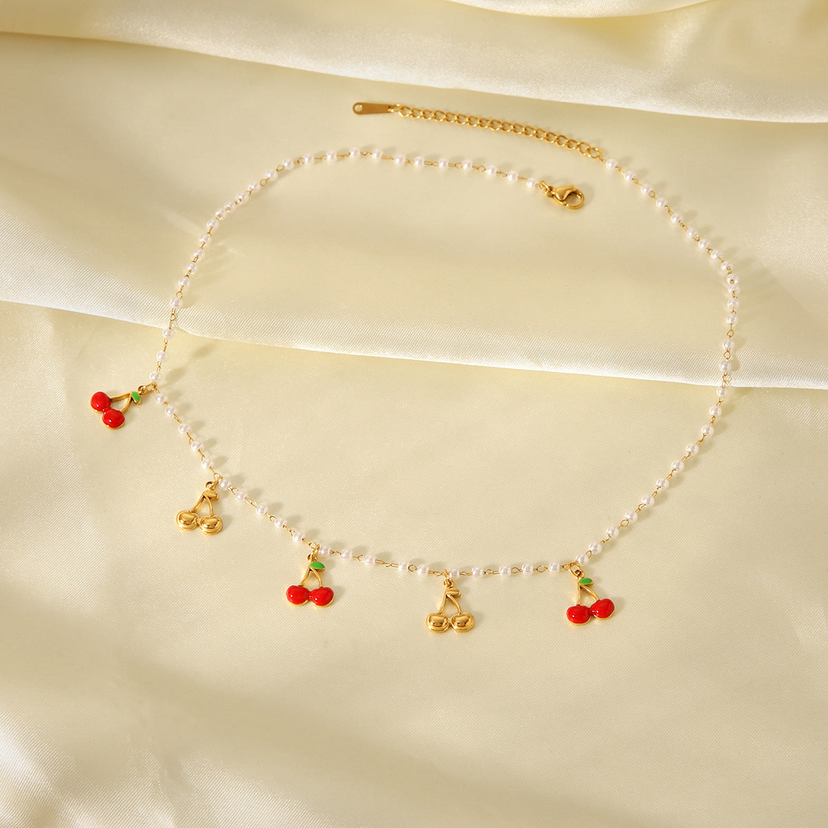 French-Style Cherry Pendant Necklace with Tassel – 18K Gold Plated Stainless Steel Pearl Chain Layering Jewelry for Women