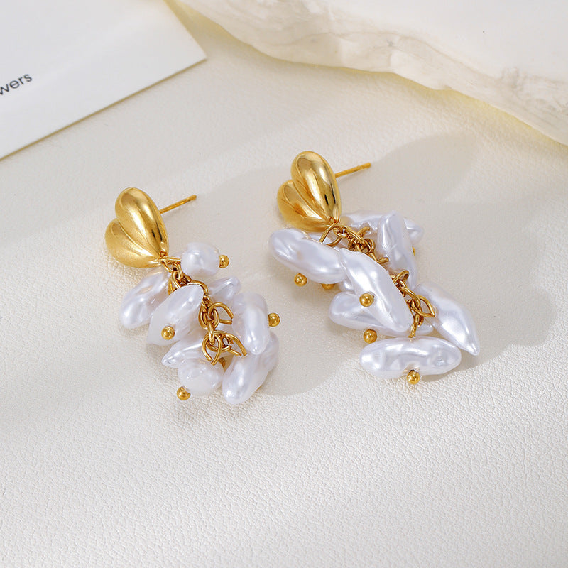 Baroque Pearl Tassel Earrings – Elegant French Style Stainless Steel Drop Earrings for Women
