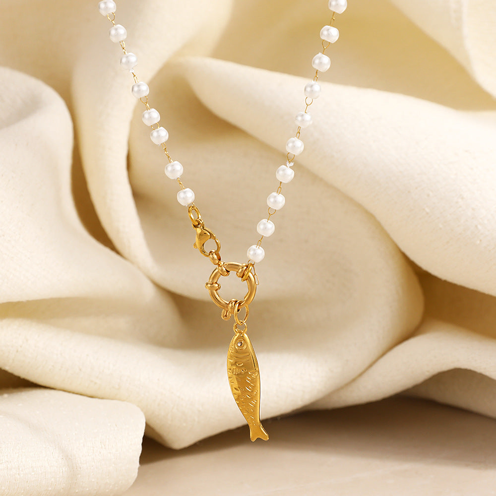 18K Gold Plated Pearl Fish Charm Necklace – Waterproof Stainless Steel Minimalist Jewelry for Women