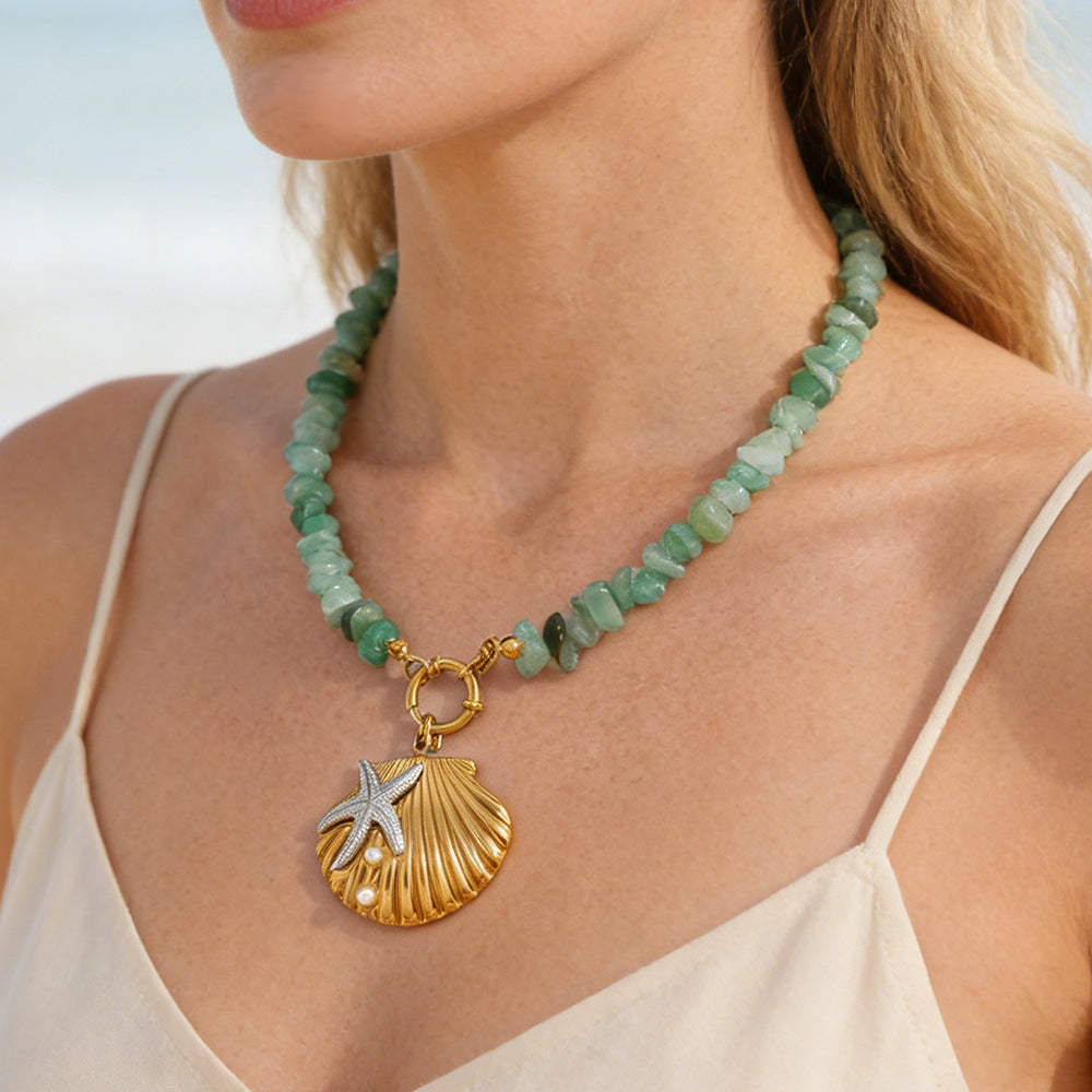 Ocean Natural Stone Beaded Necklace – 18K Gold Plated Stainless Steel Beach Style Jewelry for Women
