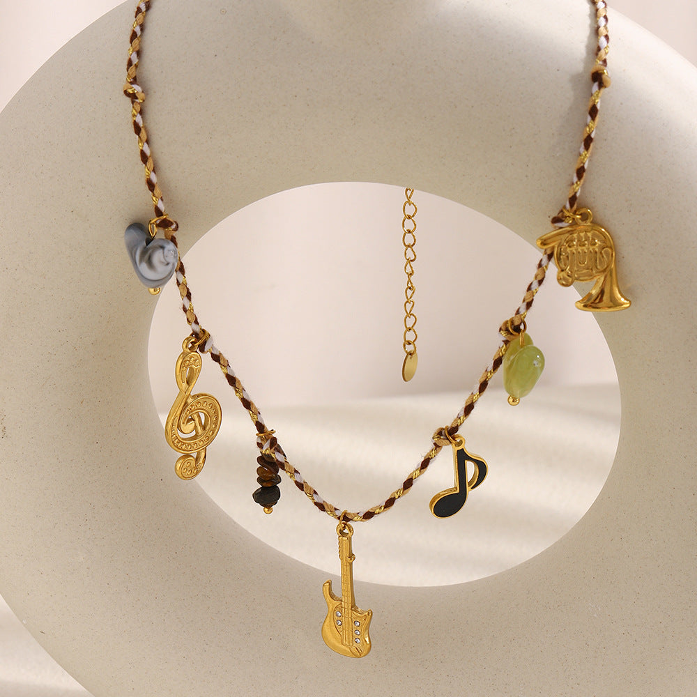 Guitar Music Pendant Necklace – 18K Gold Plated Stainless Steel Colorful Cord Boutique Statement Jewelry for Women