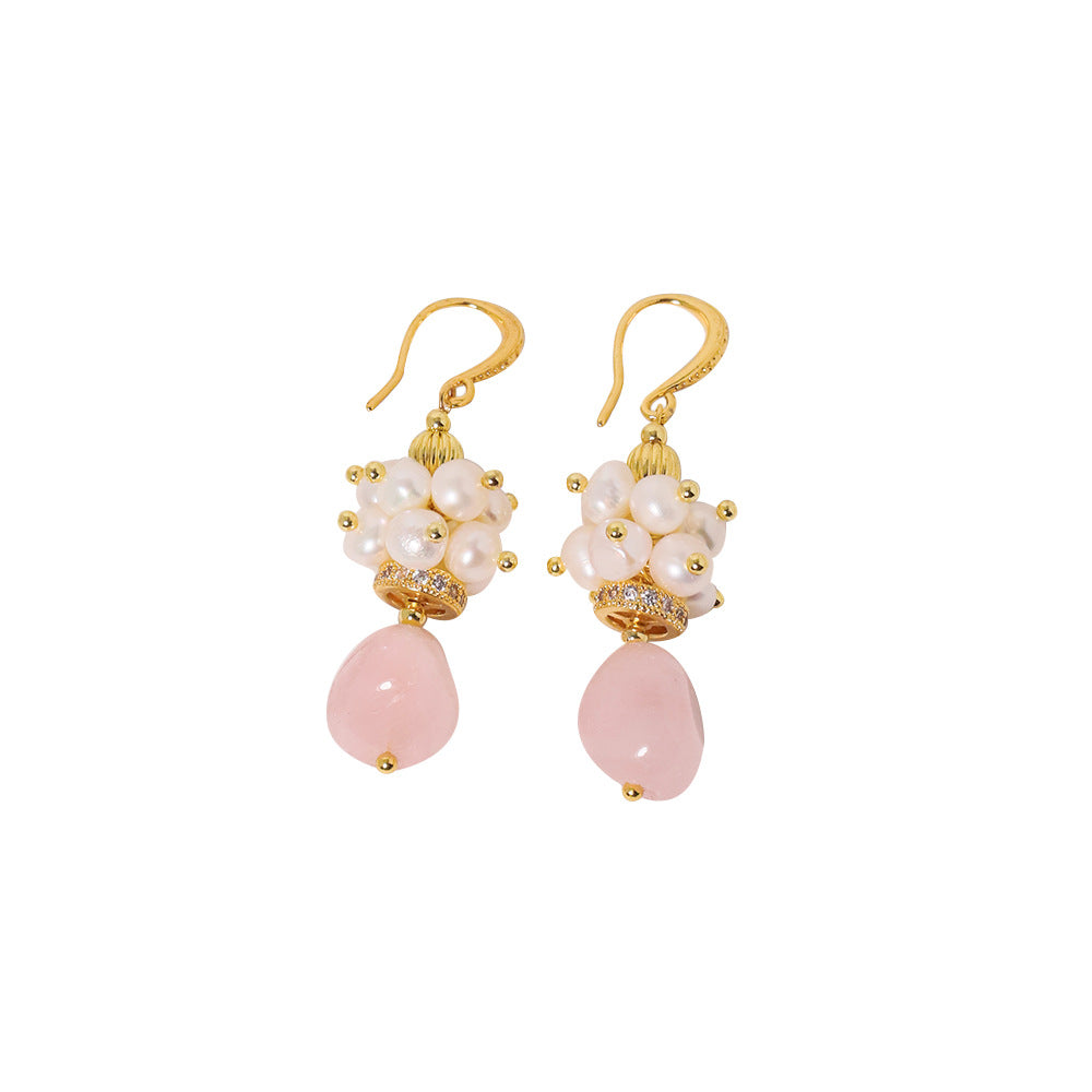 Baroque Rose Quartz & Pomegranate Freshwater Pearl Earrings – Vintage Luxe Statement Jewelry for Women